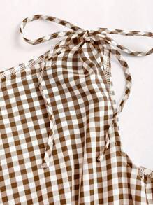 Sweetra Áo ba lỗ nữ thanh lịch kiểu Pháp màu trơn kẻ caro buộc vai eo ôm vừa vặn thoải mái đi làm, đa năng, mùa xuân/hè - màu nâu - Xem 5