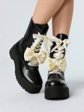 Kawaii Women's Punk Rock Gothic Lace-Up Motorcycle Boots, Platform Thick Sole Boots, Sweet Lace Bowknot Leather Ankle Boots And Short Boots