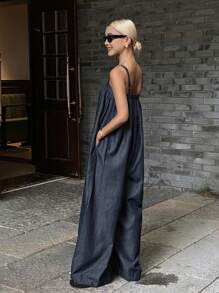 DAZY 女式宽松长款牛仔背带裤，休闲街头风格连体裤 - 深色水洗藍 - 查看 3