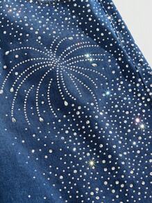 ROMWE MEN Street Life Shorts vaqueros de verano para hombres con bolsillos en diagonal y desgastados con aplicaciones de rhinestones - Azul - Ver 4