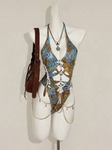 SHEIN ICON 交叉带链条装饰复古佩斯利印花露背吊带紧身衣