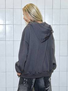 Paul Frank X ROMWE Casual Graphic Women Kpop Y2K Oversized Monkey Print Zip Up Hoodie - Grey - View 12