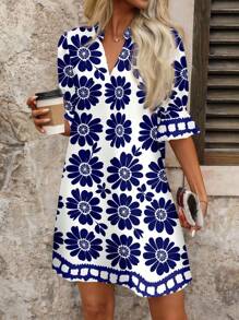 SHEIN Clasi Blue & White Vacation Printed Mini Dress,Vacation Outfits Woman  ,Sundresses For Women Vacation Dress Boho Suitable For Going Out