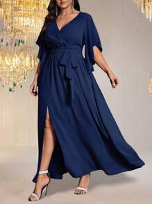 Auvina Plus Size Women's Solid Color Fitted V-Neck Flare Sleeve Tie Waist Ruched Slit Elegant Party Maxi Dress