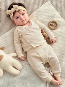 SHEIN 6pcs Newborn Solid Color Long Sleeve Top And Pants Set, Fashionable For Summer Fall Winter