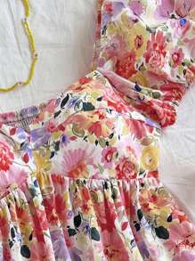 Soleia 女士度假彩色水彩花卉美学浪漫迷你连衣裙，配有系带，泡泡袖，方领，后背镂空，荷叶边下摆，A 字形轮廓，适合派对、情人节、约会、复活节、狂欢节、中国新年、海滩、游轮、春夏