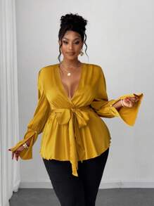 Maweii Áo cánh quyến rũ, thanh lịch, cổ chữ V sâu, trang trọng, cỡ lớn, eo thắt chặt, gợi cảm - Màu vàng - Xem 4