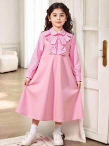 Vestido Fofo de Manga Longa com Bainha Plissada em Xadrez Retalho para Meninas Jovens