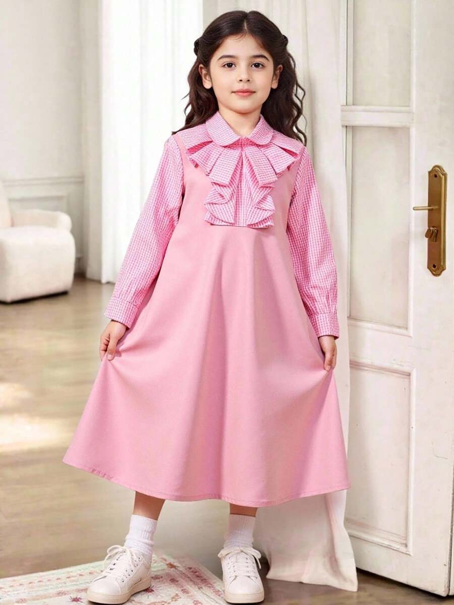 Vestido Fofo de Manga Longa com Bainha Plissada em Xadrez Retalho para Meninas Jovens