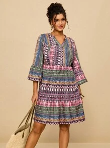 SHEIN VCAY Sukienka damska w paski, dekolt w serek, rękawy 3/4, plus size, krótka, marszczona w talii, luźna, swobodna, w stylu boho, do kolan, odpowiednia na lato i jesień - Wielokolorowe - Zobacz 6
