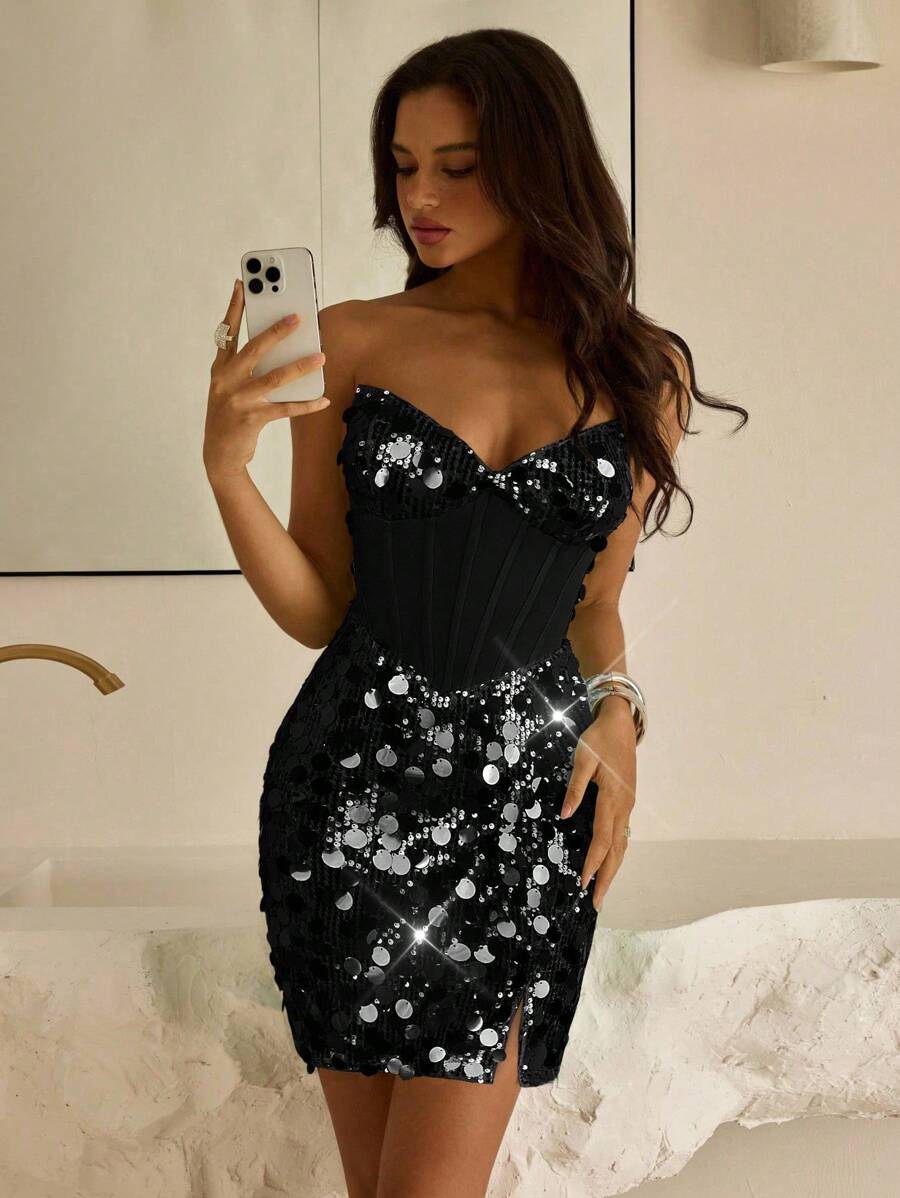 Vowa Robe mini élégante et luxueuse en tricot élastique avec patchwork de sequins, convient pour le mariage, la fête, les vacances, le bal - Noir - Voir 1