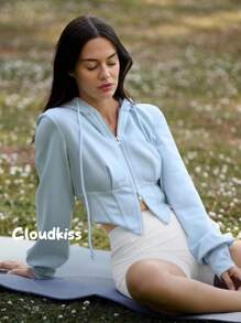 Fluxe 女士休闲纯色针织短款连帽修身夹克 - 藍色 - 查看 9