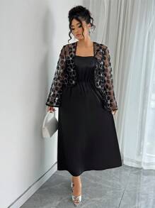 Elenzga Plus Size Summer Elegant Solid Color Camisole Dress And Rhinestone Mesh Jacket 2 Pieces Set Fall Cloth For Women - Black - View 6