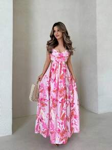 Jemour 花卉印花镂空腰部开叉吊带连衣裙度假装女士 - 粉色 - 查看 1