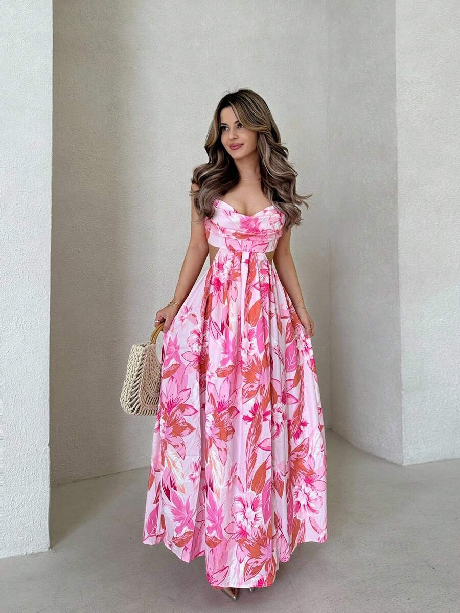 Jemour 花卉印花镂空腰部开叉吊带连衣裙度假装女士 - 粉色 - 查看 1