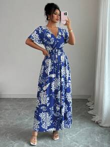 Elenzga Đầm chữ A xẻ tà hai bên tay loe, dáng chữ A, cổ tròn, thắt eo, thích hợp cho tiệc trà chiều, đi biển, mùa xuân/hè - Xanh đậm - Xem 3