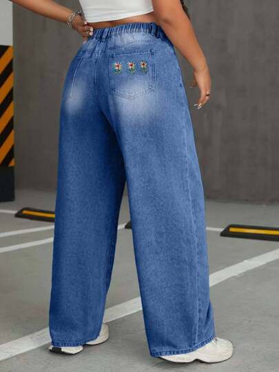 EURMUSE Calça jeans feminina plus size bordada, cintura média, bolso com botão, perna reta