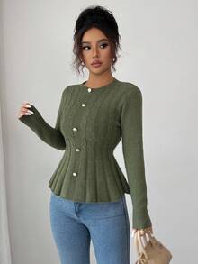 Elenzga 秋冬麻花绳橄榄绿长袖优雅套头衫 - 軍綠色 - 查看 4