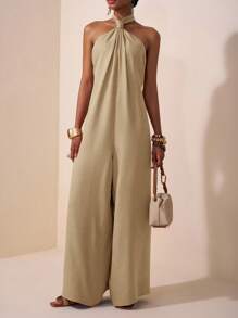 Zivah 2025夏季新款音乐节,复活节,母亲节,婚礼季,出席婚礼,生日派对,日常休闲,百搭百搭,休闲,邮轮旅行,海滩,日光浴,网络热卖,街头潮流,优雅,休闲,露背系带,性感露背,扭纹宽松阔腿连体裤,红棕色,女士