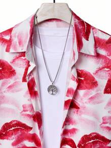 Manfinity KASUA 男士唇印短袖上衣和短裤，休闲沙滩装男士沙滩装套装度假套装男士 - 粉色 - 查看 4