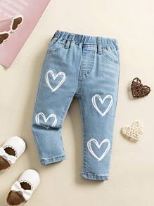 SHEIN 女婴牛仔裤，可爱休闲浅蓝色水洗白色心形印花弹力修身日常休闲女童牛仔裤，新款心形印花女童牛仔裤 - 淺色水洗藍 - 查看 4