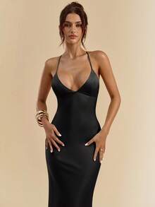 SHEIN BAE Váy đuôi cá dài, hở lưng, cổ chữ V sâu màu mơ và trắng, dây mảnh, chất liệu satin, buộc nơ, đầm thanh lịch, đầm đi nghỉ, đầm phù dâu, đầm dự tiệc sinh nhật, đầm tốt nghiệp/trở lại trường, đầm trắng - màu đen - Xem 7