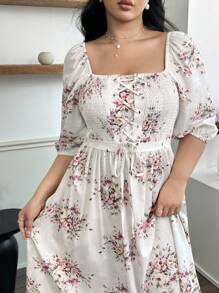 Modelyn Plus Size Women Elegant Tie-Up Waist Printed Long Dress - Beige - View 7