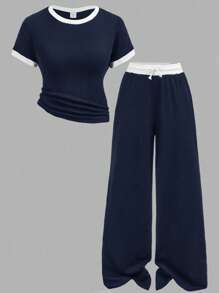 SHEIN Girlism Teen Girls' Ribbed Knit Contrast Color Casual Fitted T-Shirt & Loose Waistband Pocket Pants Set, Spring/Summer, Sporty Streetwear, Suitable For School, Football, Outdoor