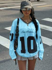 Muchica Women's New V-Neck Casual Sports Letter & Graphic Patchwork Oversized Loose Long Sleeve T-Shirt, White,Fall Tops Oversized Jersey Korean Fashion Jersey Long Sleeve Jersey