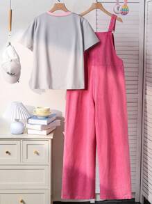 2pcs Tween Girls Cartoon Print Short Sleeve Round Neck Fitted Tee And Bib Overall Pants Set, Suitable For Spring/Summer - Pink - View 2