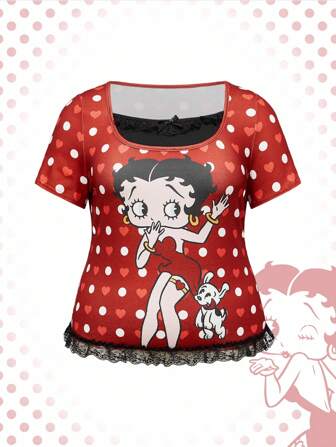Betty Boop | ROMWE Plus Size Women's Contrast Color Patchwork Heart & Polka Dot Cartoon Figure Graphic Bow Tight T-Shirt