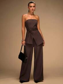 SHEIN BAE Bộ đồ thời trang áo hai dây màu trơn viền bất đối xứng dành cho nữ và quần dài màu nâu Bộ đồ liền thân không dây dành cho nữ Bộ đồ liền thân màu nâu Bộ đồ mùa hè Bộ đồ hai mảnh quần dài cho mùa thu/đông - màu nâu - Xem 4