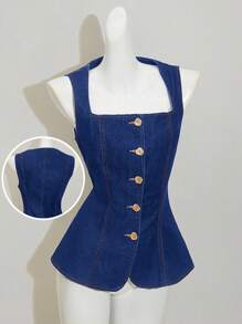 SHEIN MOD 女式休闲前扣无袖牛仔衬衫，夏季 - 中等水洗藍 - 查看 1