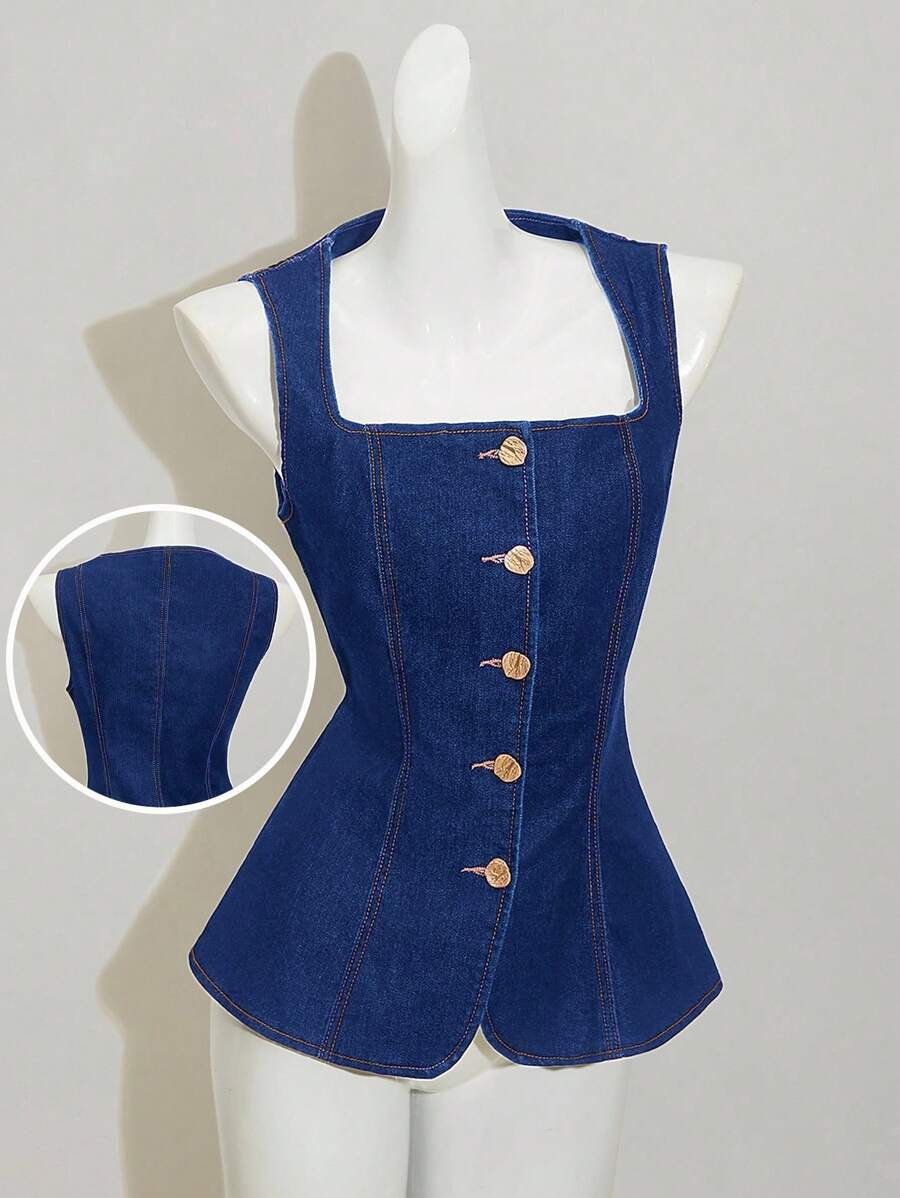 SHEIN MOD 女式休闲前扣无袖牛仔衬衫，夏季 - 中等水洗藍 - 查看 1