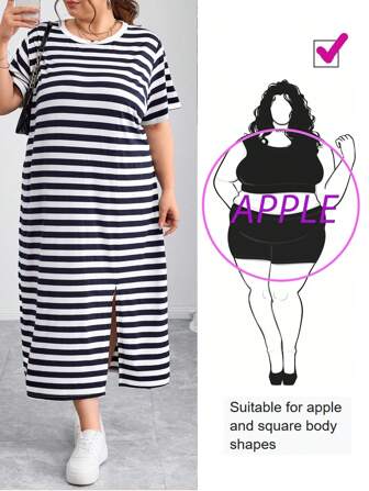 SHEIN CURVE+ Curves 大码/学校服装/返校服装/返校大码女式休闲宽松条纹开衩短袖 T 恤连衣裙，春夏