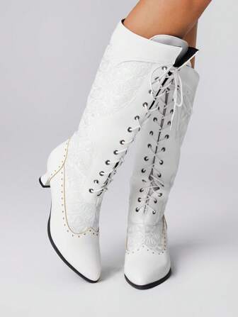 Fairycore Hollow Mesh Kitten Heel Lace-Up Tall Boots, Fashionable And Versatile