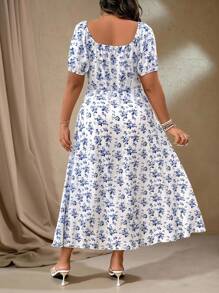 Roveilla Outfit elegante da donna con stampa floreale, polsini corti, orlo con spacco laterale, per taglie forti, adatto per l'estate e le vacanze