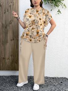 EMERY ROSE 2 件大码女式休闲花卉印花圆领短袖宽松上衣和裤子套装，适合夏季 - 彩色 - 查看 5