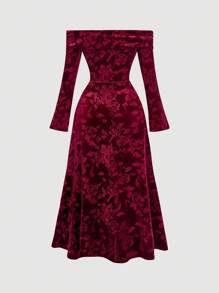 SHEIN MOD 露肩长袖修身天鹅绒花卉印花酒红色连衣裙 - 酒紅色 - 查看 2