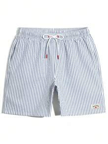 Manfinity KASUA Men's Striped Print Pocket Drawstring Waist Beach Shorts, Suitable For Summer Men Blue And White Swim Trunks Men Swim Trunks Beach Clothes For Men