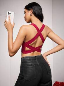 Sujetador inalámbrico de yoga de unicolor con diseño cruzado acanalado acanalado - Burdeos - Ver 1