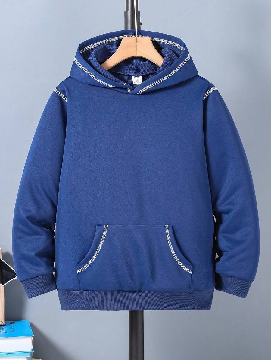 SHEIN Hanorac casual cu dungi contrastante și buzunar mare pentru băieți Tween