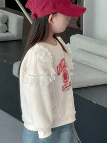 Dazy Kids 年轻女孩荷叶边字母印花圆领运动衫 - 米色 - 查看 6