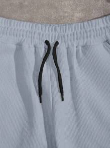 EURMUSE 100%Cotton Men Spring And Summer Casual Texture Fabric Drawstring Waist Short Pants With Hand-Written English Letter Pattern - Baby Blue - View 3