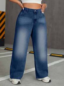 EURMUSE Plus Size Women Embroidered Mid-Waist Button Pocket Straight Leg Jeans - Dark Wash - View 4