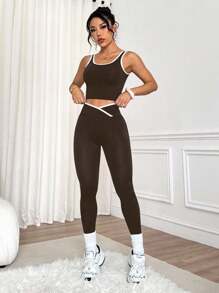 Easithlete Conjunto deportivo de top de tirantes con cuello redondo y detalles en contraste y pantalones largos hasta el tobillo con cintura cruzada para mujer