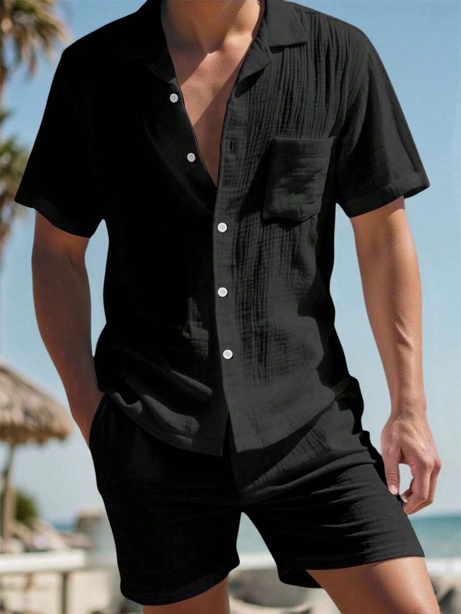 Manfinity RSRT 男士短款纹理棉麻混纺瓜亚贝拉领扣拼色衬衫套装 - 黑色 - 查看 1