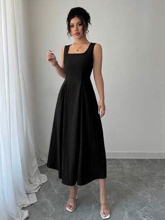 Rafferiza 浅蓝色竖条纹方领优雅后腰系带连衣裙