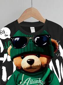 SHEIN Young Boy's Cool Cartoon Bear Print 2 Pieces Summer Outfit Set: Short Sleeve T-Shirt And Shorts - White - View 5