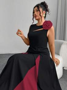 Modelyn Váy chữ A cổ tròn màu đen họa tiết hoa 3D màu hồng cỡ lớn - Nhiều màu - Xem 5